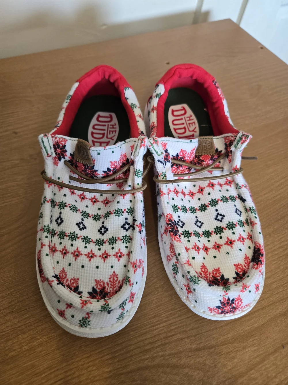 Hey Dude Kids White Slip-On Sneakers with Red and Green Pattern